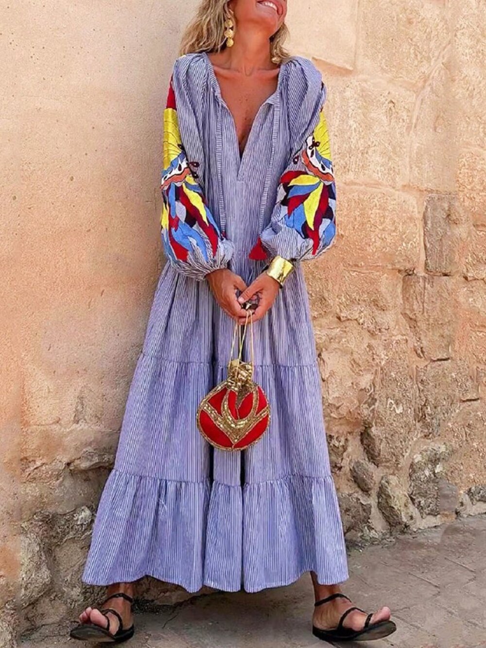 Blue Casual Women's Boho Floral Puff Sleeve Maxi Dress - Picture 5 of 10